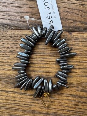 Beljoy Hematite Chunky Bead Bracelet with Gold Charm NWT